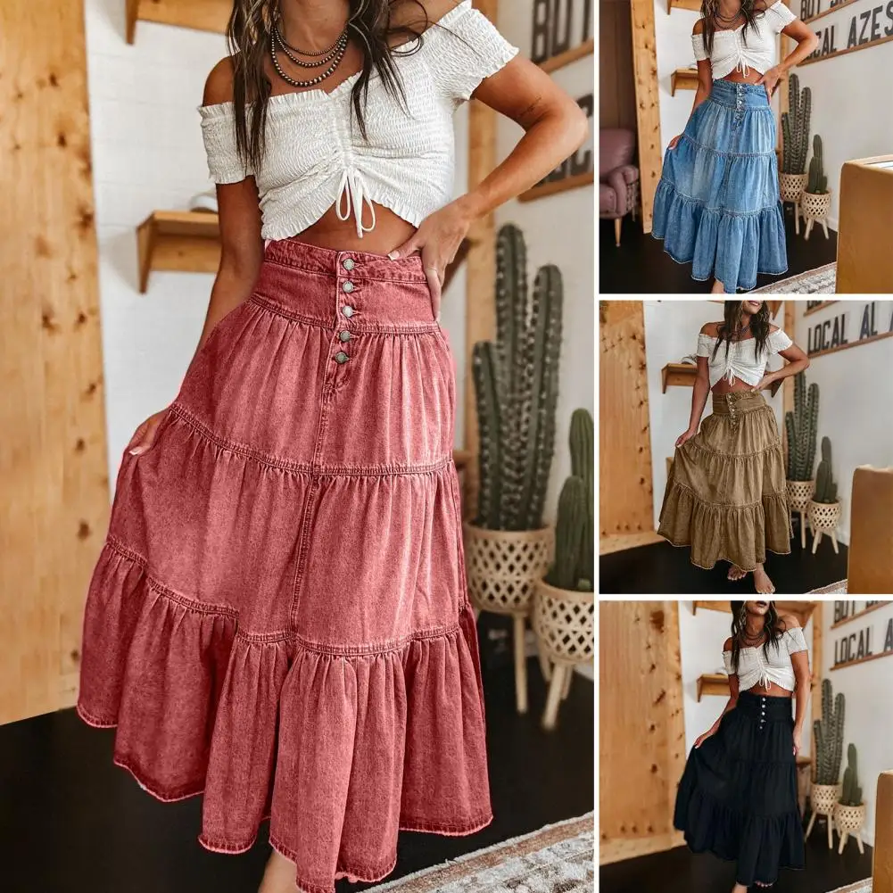 Urlaub Strand Überrock Casual Lose Falten Jupes Frauen Solide Maxi Röcke Mode Multi-schicht Hohe Taille Jupe 2025, Sommer