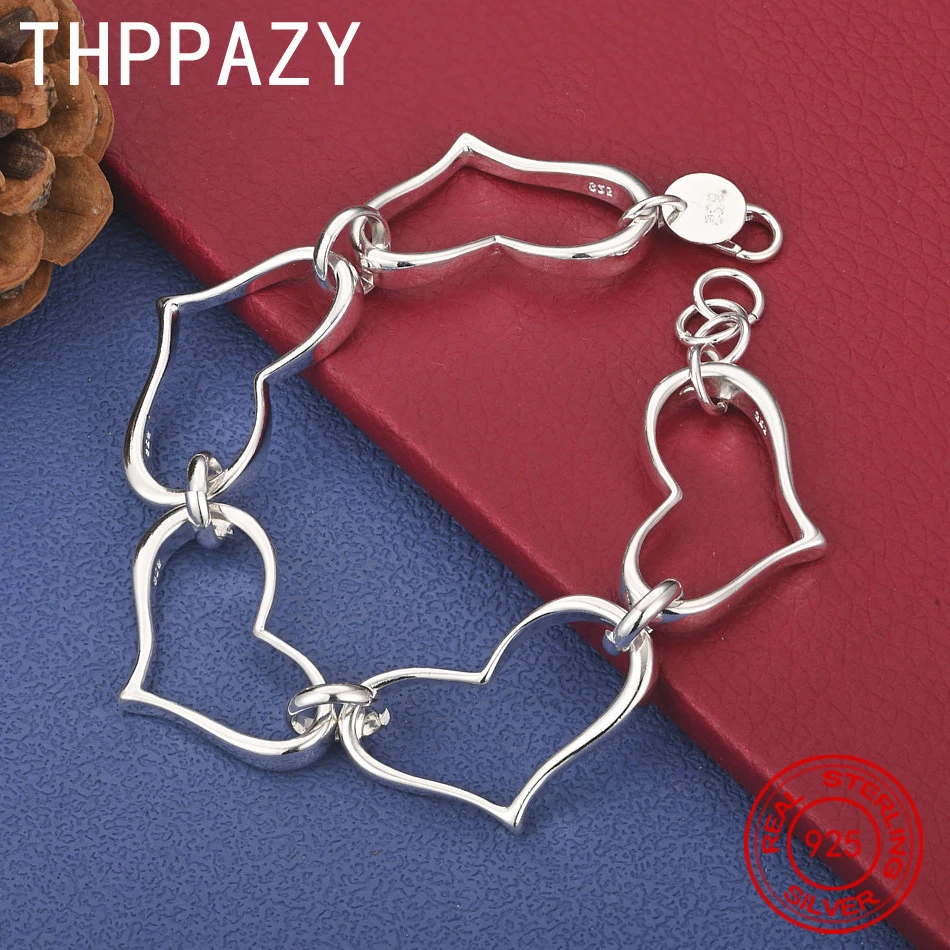 

THPPAZY 925 Sterling Silver Heart Bracelet Women Charm Sweet Romantic Jewelry Engagement Wedding Party Valentine's 20cm Chain