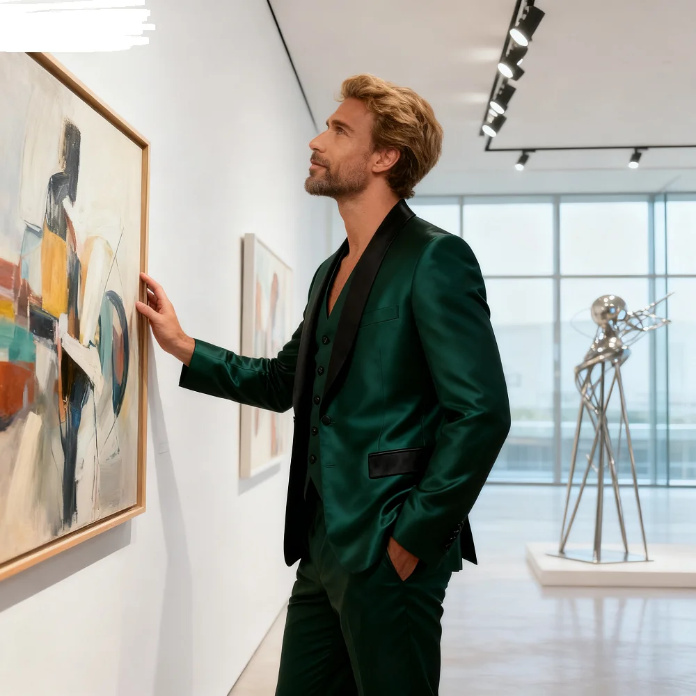 

3-Piece Green Slim Fit Men's Tuxedo Wedding Groomsmen Smoking Suit with Shawl Lapel Single Breasted Blazer Vest And Pants Set