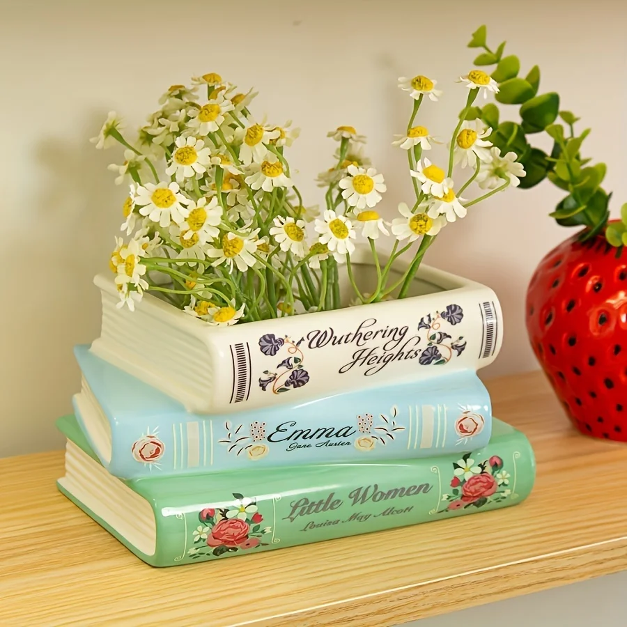 1 Creative Three-Layer Book Shaped Vase, Unique Home Ceramic Flowerpot, Suitable For Decoration In Living Rooms, Bookshelves,