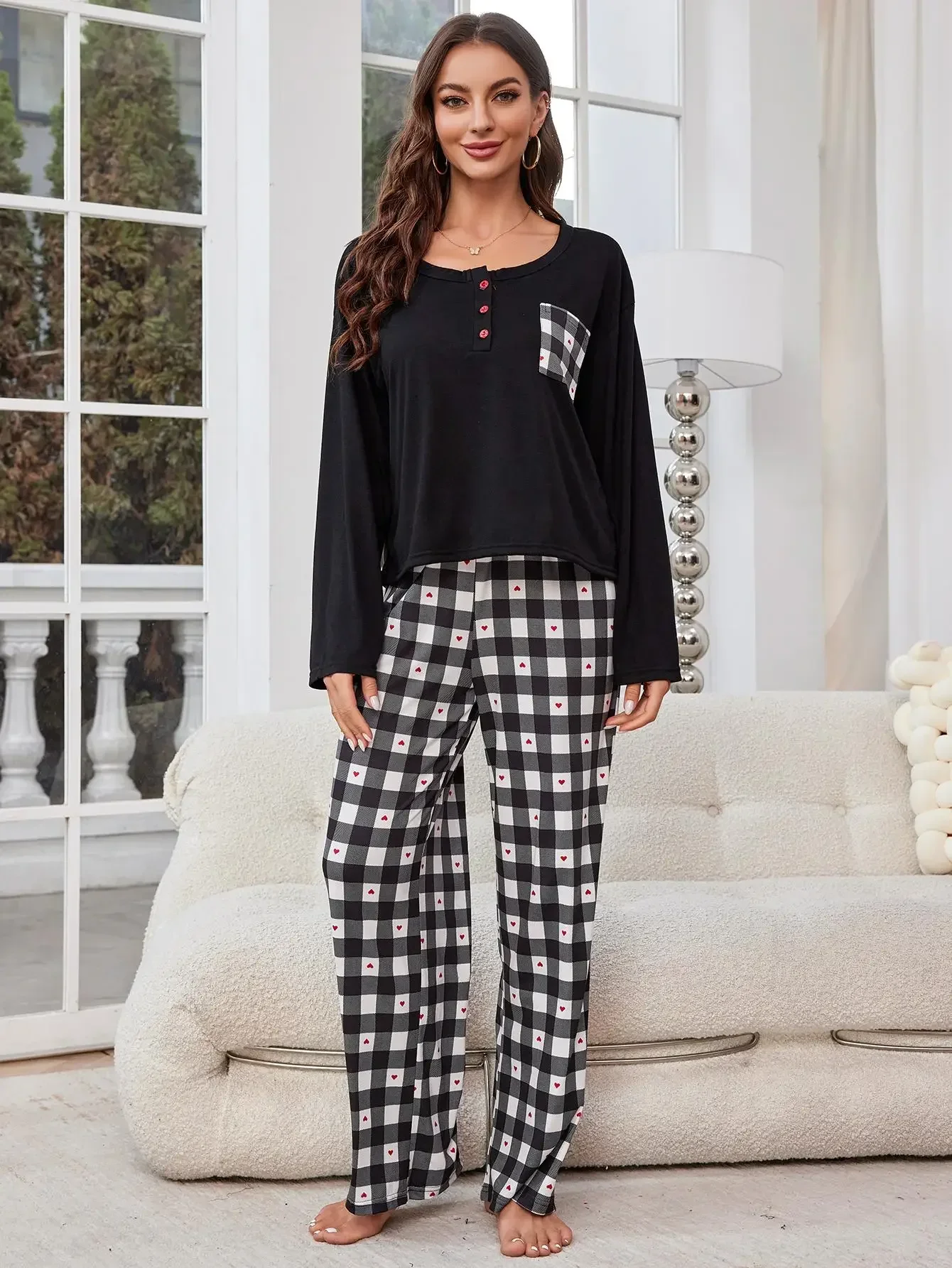 Plaid Women Pajama Set Long Sleeves Front Button Top & Heart Print Pants Fall Winter Female Sleepwear 2 Piece Nightwear Homewear