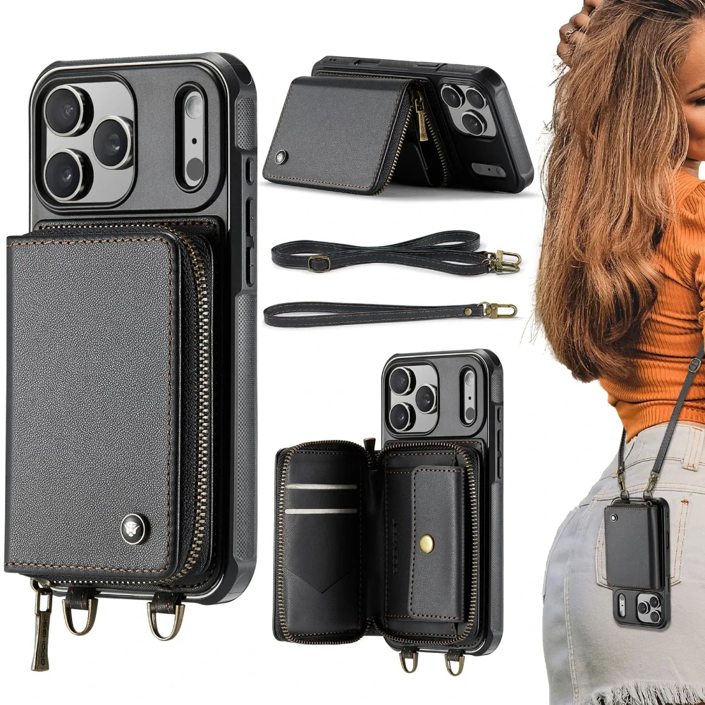 

Кожаный чехол для телефона iPhone 17 Pro Max Air 16 Plus 15 14 13 12 11Pro, кошелек с застежкой-молнией/ремешком через плечо