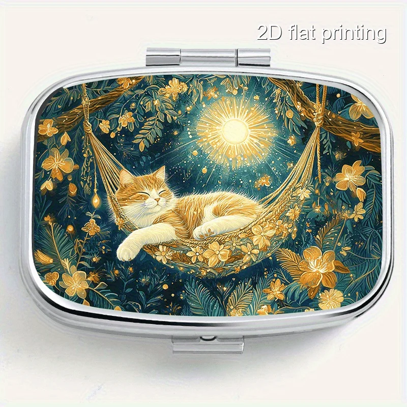 Single-piece, flat, cute hammock cat pattern pill box – portable double-compartment pill organizer, suitable for travel and outdoor activities, can also be used to store jewelry and earrings, flat design