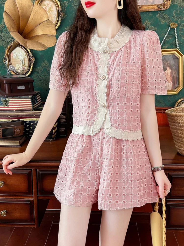 Summer Small Fragrance Commuter Suit Women 2024 High Quality Lace Ruffled Stitching Hollow Top Shirt+Wide Leg Shorts 2-Piece Set