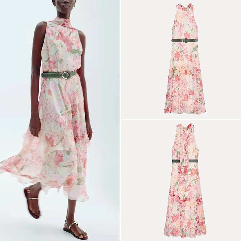 Vestido E com Estampa em Camadas Z Moda Fena Verão 2025 Vestido Clássico de Fibra de Poliéster