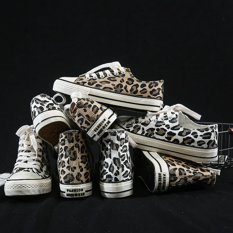 Sapatos femininos de lona com estampa leopardo, sapatos vulcanizados, novo estilo, tendência da moda