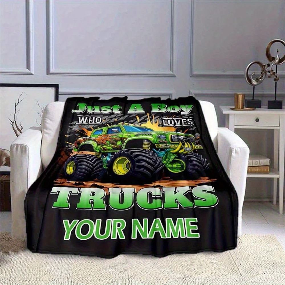 1pc Customizable Green Monster Truck Blanket Personalized 