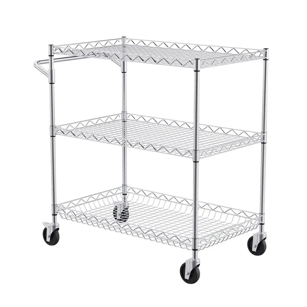 3-Level Rolling Kitchen Cart Mobile Service Trolley Storage Utility Cart with Adjustable Shelves 661LBS Load Capacity Wheels
