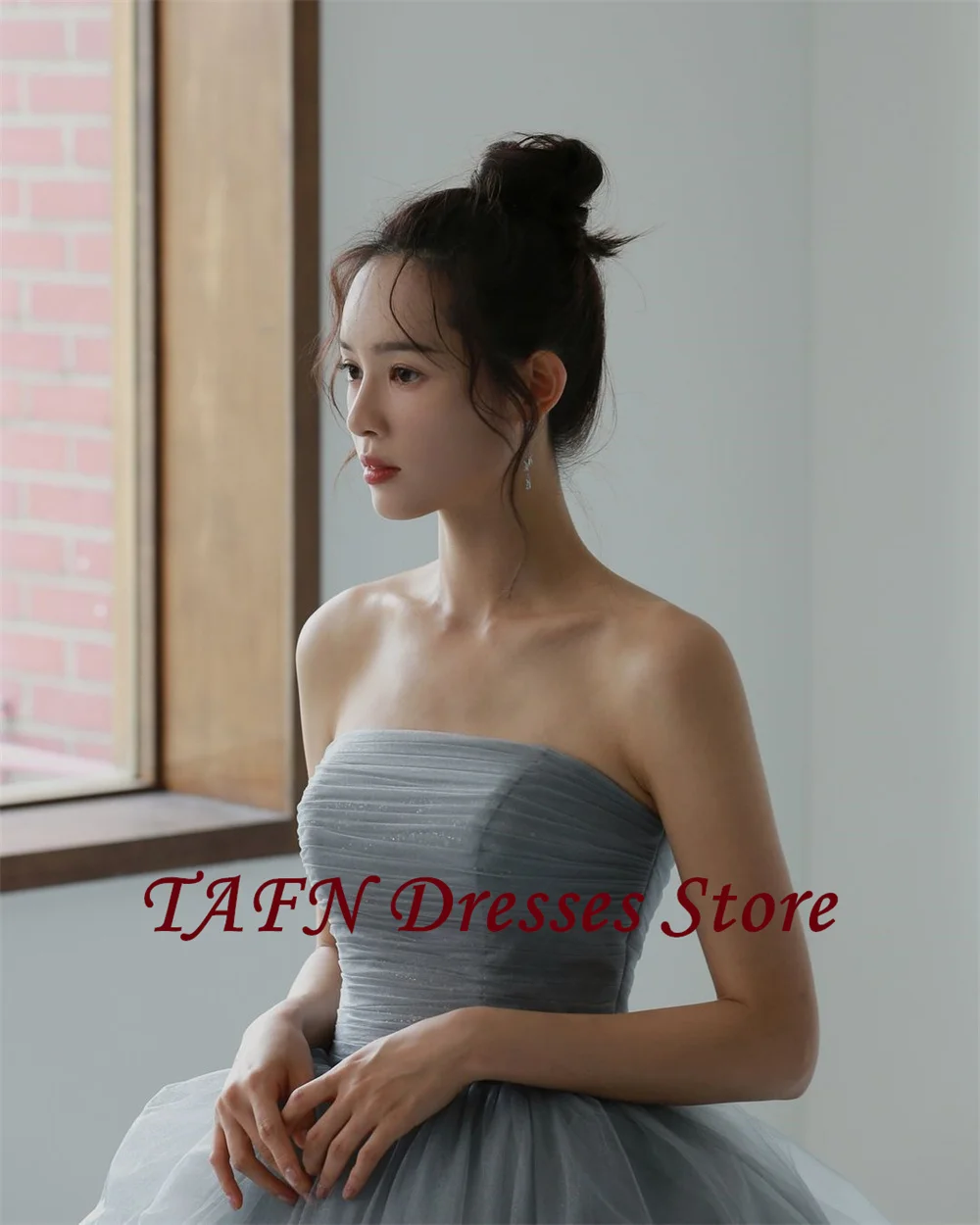 TAFN Tulle ความยาวชุดแต่งงาน Strapless A-Line ชุดเจ้าสาวถ่ายภาพเกาหลีชุดบอลแขนกุดเจ้าสาวที่กําหนดเอง