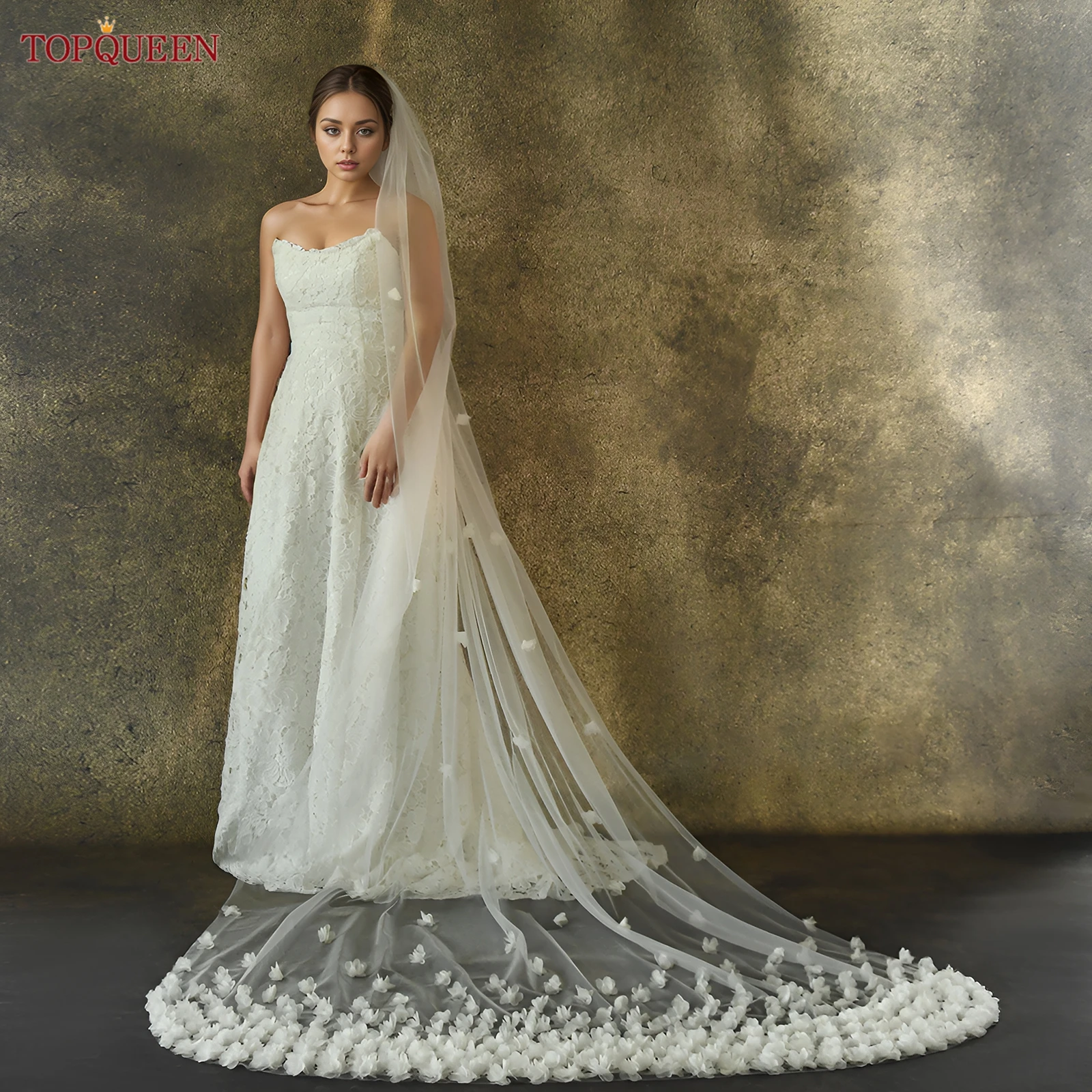 TOPQUEEN V93 Wedding Veil with 3d Flowers Cathedral Mantilla High Quality Bridal Veil Flowers Bridal Veil Soft Tulle Veil image 5