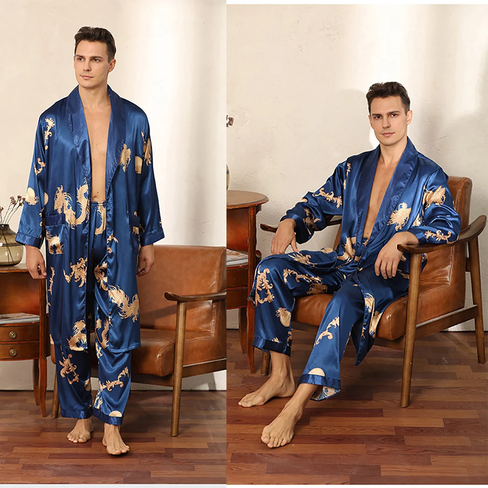 luxuriöser Drachendruck Herren-Kimono aus schwarzem Satin, lange Robe-Sets, Sommer, ultradünn, cooler Mann, Seidenroben + Pyjamahose, Kimono hombre