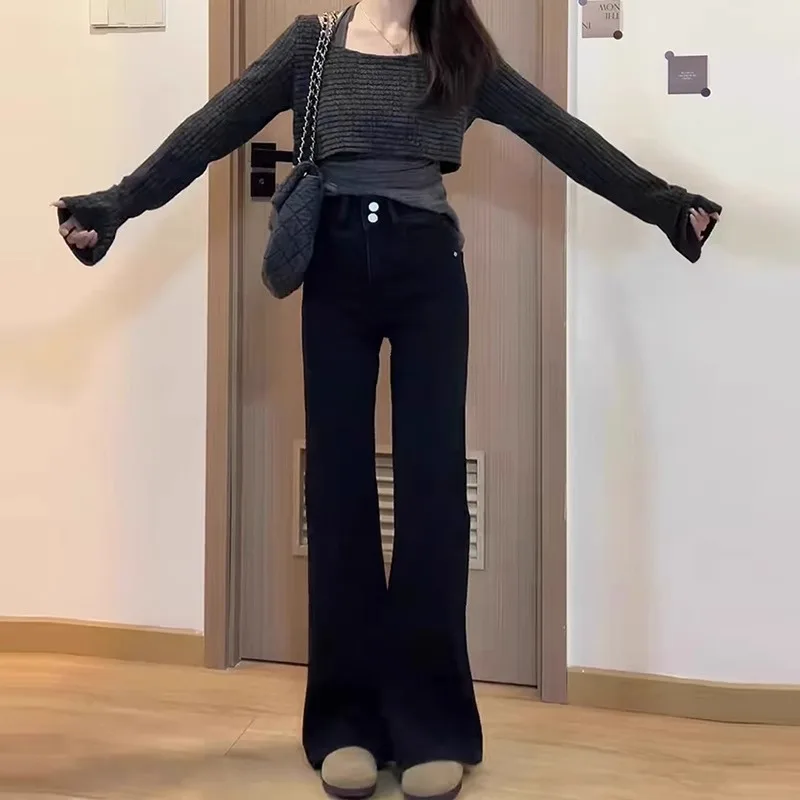 Celana Denim Wanita High Waist Berlapis Tebal Model Slim Fit Musim Gugur Musim Dingin, Panjang Menyentuh Lantai, Model Bell Pants