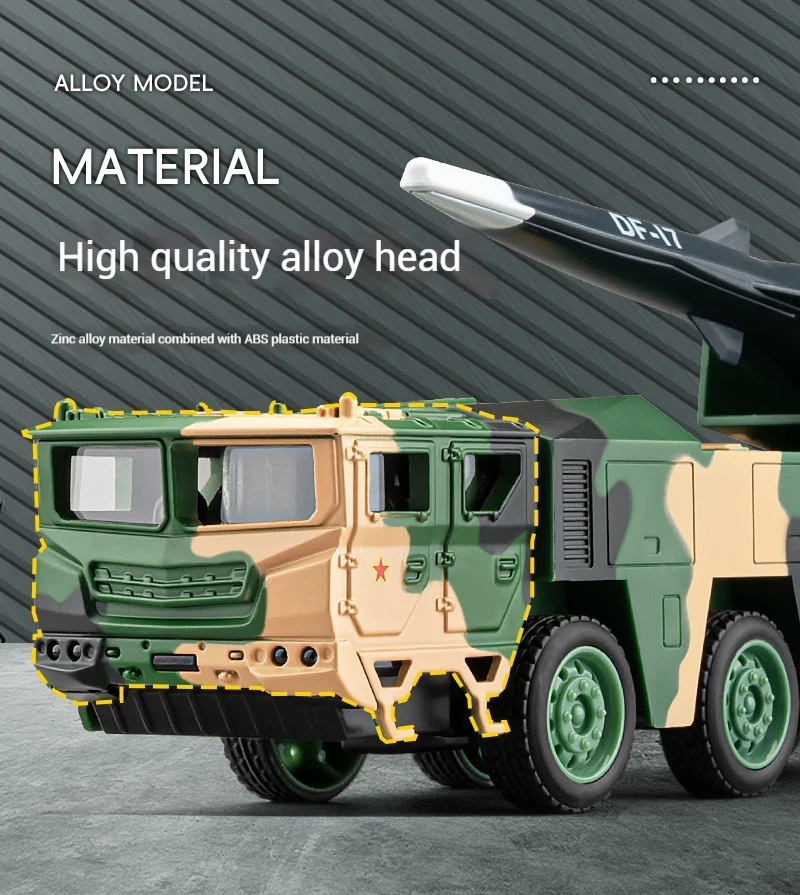 1:32 Dongfeng 17 Missile Launch Car Models Diecast Alloy Sound Light Simulation Military Engineering Vehicle Children Toy Gifts