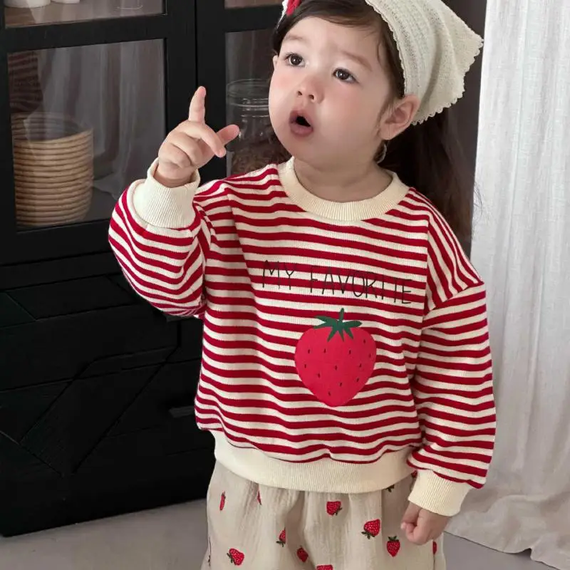 2025 Autumn New Children Long Sleeve Sweatshirt Cute Girls Casual Striped  Sweatshirt Baby Strawberry Print Tops Kids Clothes