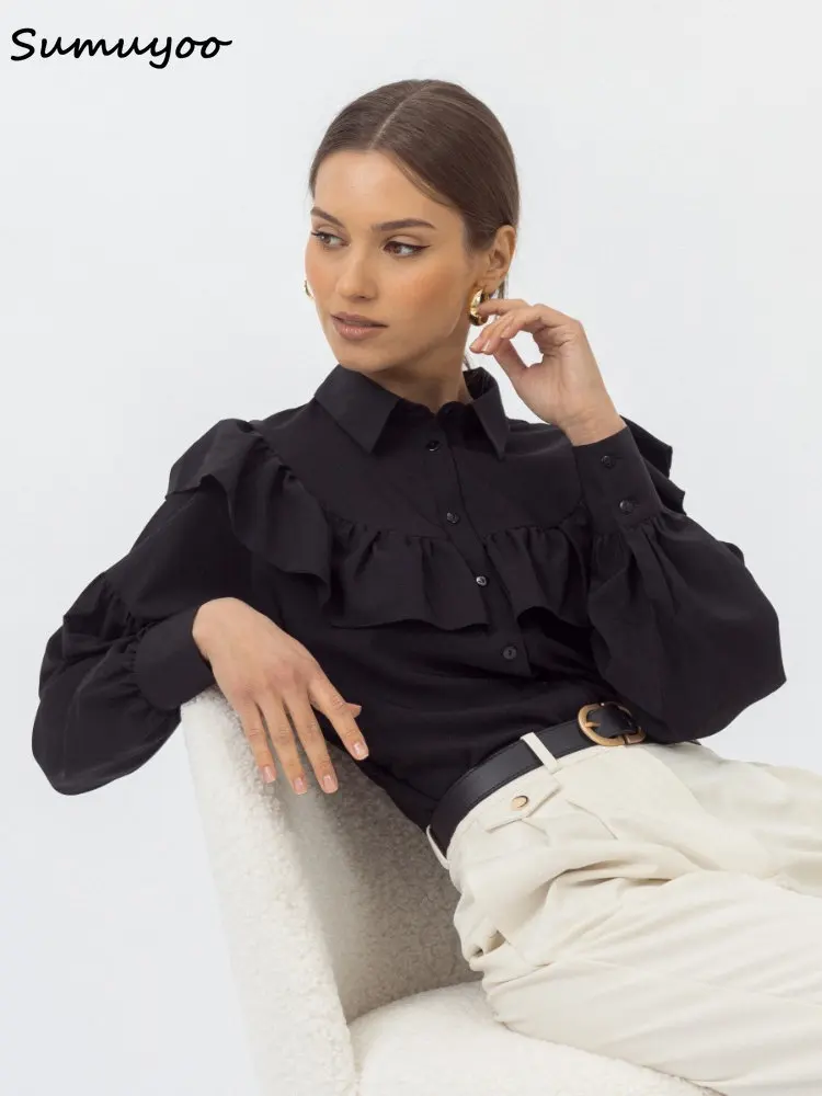 Sumuyoo Big Peter Pan Collar Ruffle Womens Blouse Long Sleeve Solid Cotton Casual Tops Female 2023 Spring Summer Frill Shirt