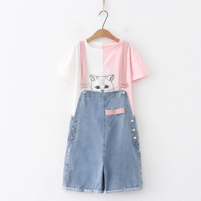 Summer Cute New Style College Style Nail Bead Cats Print Denim Shoulder Strap Shorts Women's T-Shirt+Shoulder Strap Set