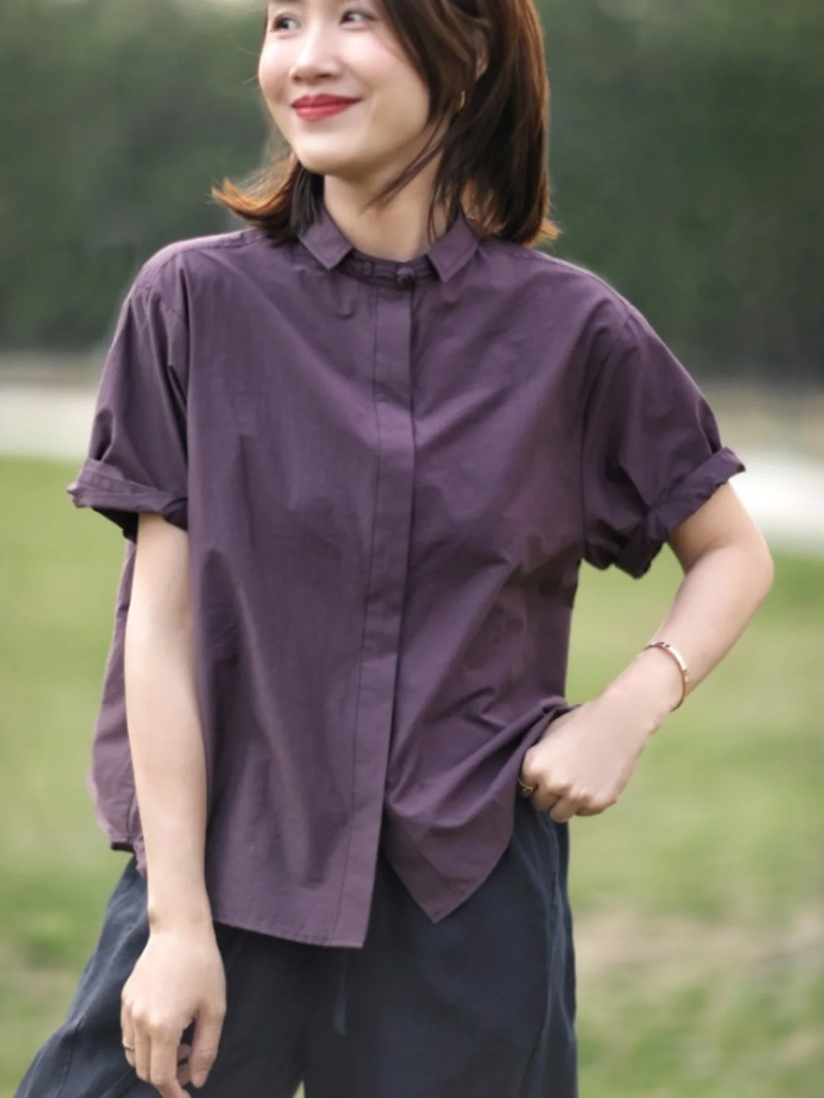 جديد الصينية Sle ort Sve irt المرأة الصيف تخفيف فضفاض عادية زر واحد صغير irt الياقة العلوية لون نقي #1