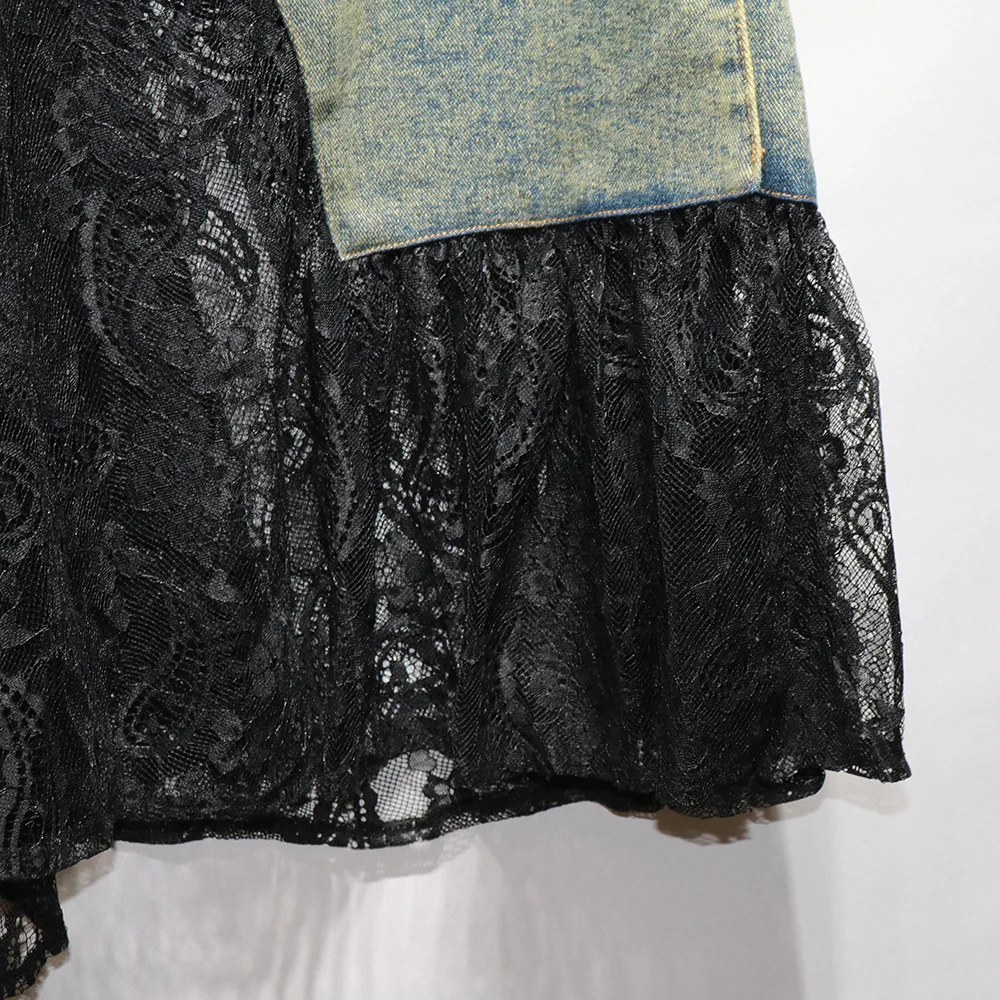 Asymmetrical Long Jeans Skirt Women Stretch Lace Patchwork Stitching Elegant Luxury Sweet Ruffles Slit Denim Skirts Elastic Chic