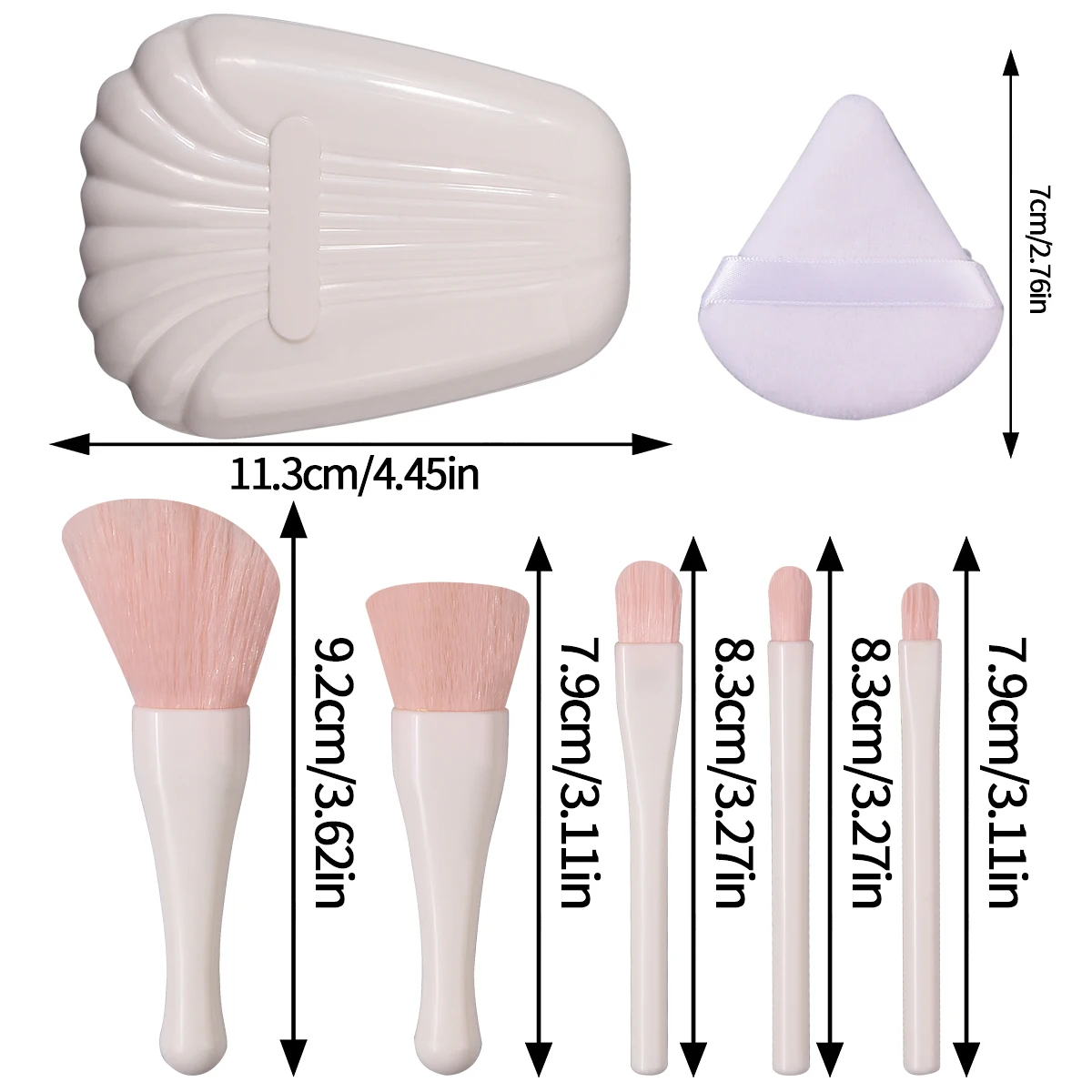 ชุดแปรงแต่งหน้าขนาดเล็กขนนุ่ม 8 ชิ้น & พัฟแป้งทรงสามเหลี่ยมนุ่ม & กล่องเก็บแปรงแต่งหน้ารูปเปลือกหอยพร้อมกระจก