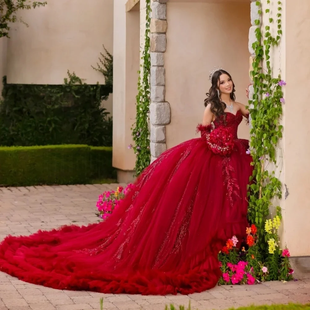 Vestidos de quinceañera Charro rojos, vestido de baile con apliques de corazón y volantes, vestidos mexicanos dulces 16, 15 años personalizados