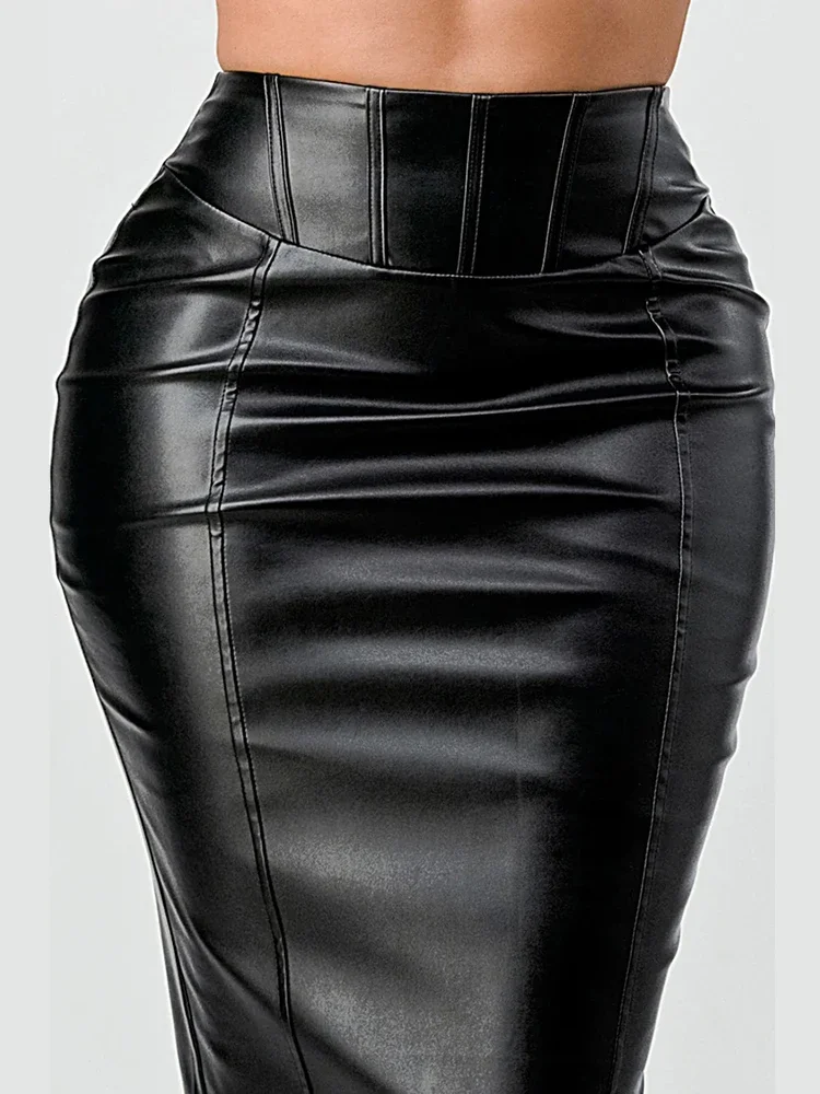 Kobiety Matte Faux Leather High Waist Mid Skirts Ladies Splicing Stretch PU Back Hem Split Vintage Skirt Party Club Casual Custom — zdjęcie 6