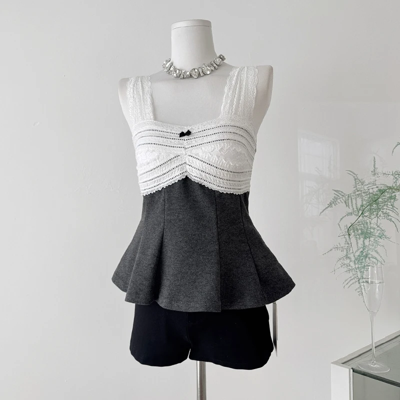 

Vintage Lace Vest for Women Sexy Bottoming Shirts Summer Spaghetti Strap T-shirt with Chest Pad Tops