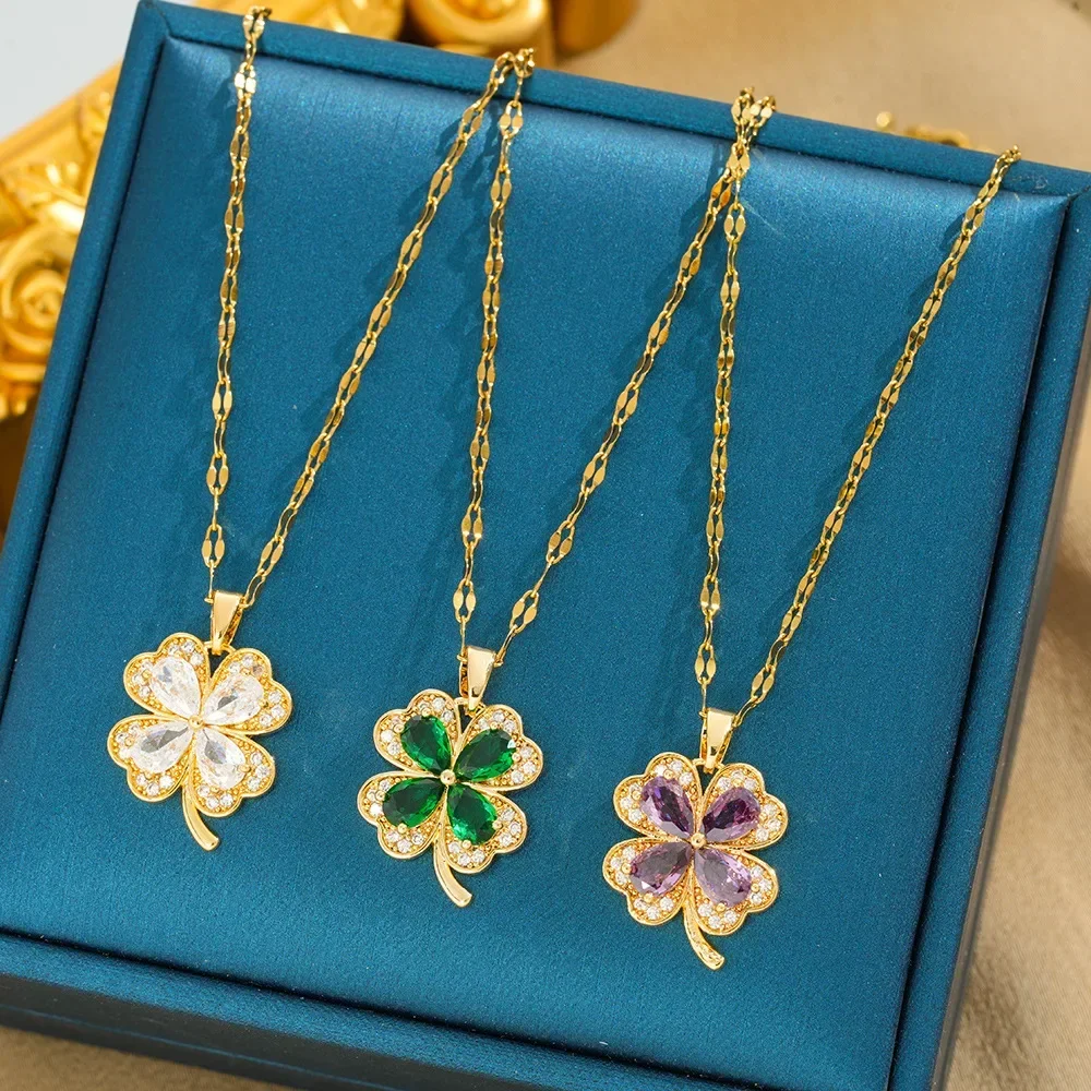Женские модные аксессуары, универсальная цепочка на ключицу, ожерелье из титановой стали с цветком из четырехлистного циркония.