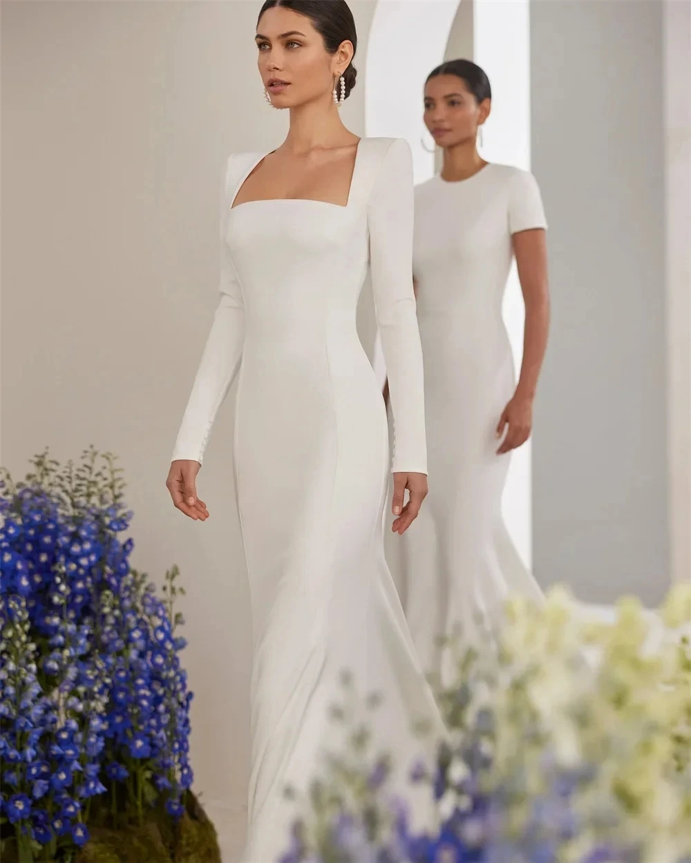 Elegant Mermaid Wedding Dresses 2026 Square Collar Long Sleeve Backless Soft Satin Bridal Gowns Dress Vestidos De Noiva