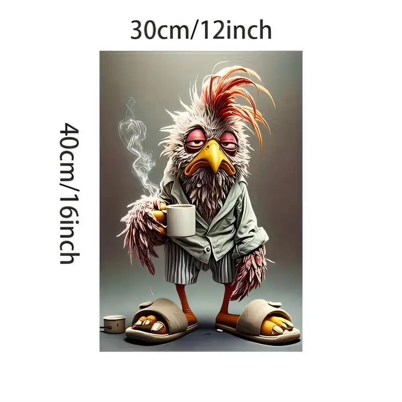 Humorous Tired Bird Metal Tin Painting - 30×40cm Retro Wall Art with Pajamas, Slippers & Steaming Coffee Cup, Iron Material, Per