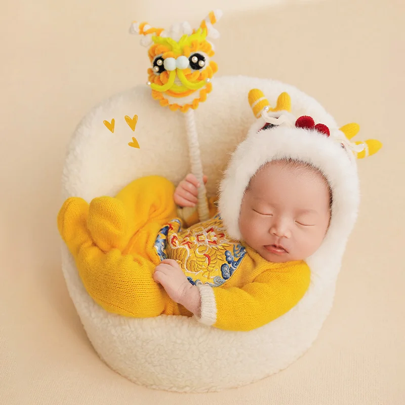 Baby Photography Props Costume Accessories Yellow Chinese Dragon Theme Jumpsuit Hat Dragon Doll Props Studio Photoshoot Outfits