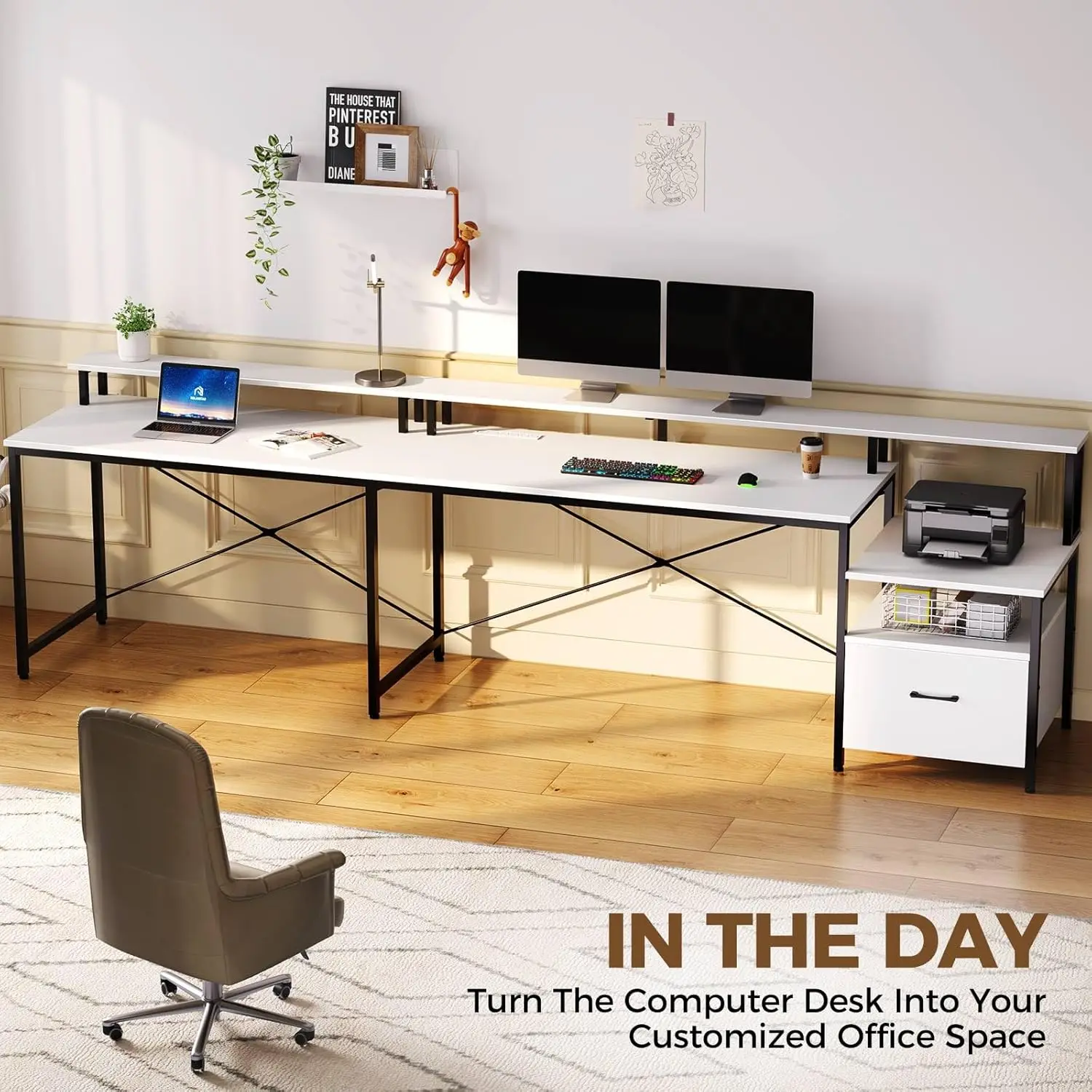 Computer Desk with File Drawer, 64" L Shaped Desk with Power Outlet & LED Strip, L Shaped Computer Corner Desk with File Cabinet
