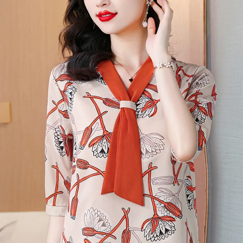 2024 New Fashion Elegant Women's Summer Printed Scarf Collar, Elegant and Casual Versatile Middle Sleeve Loose Shirt Tops