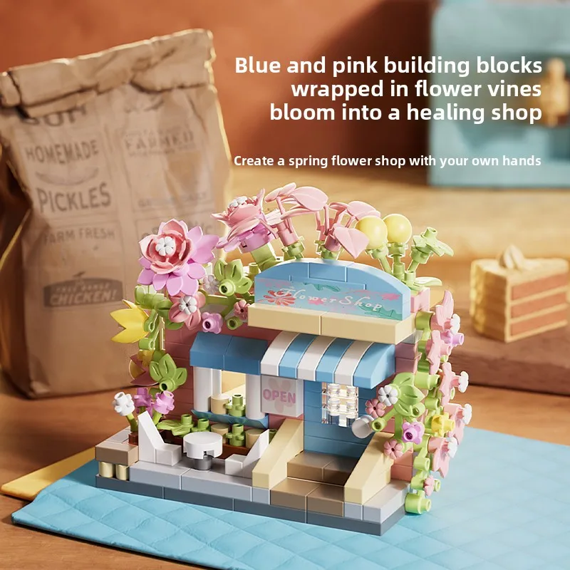 Mini City Street View, tienda de flores, casa de comida, Kit de bloques de construcción, decoración del hogar, juguete educativo para niños, modelo de bloques de montaje para niñas