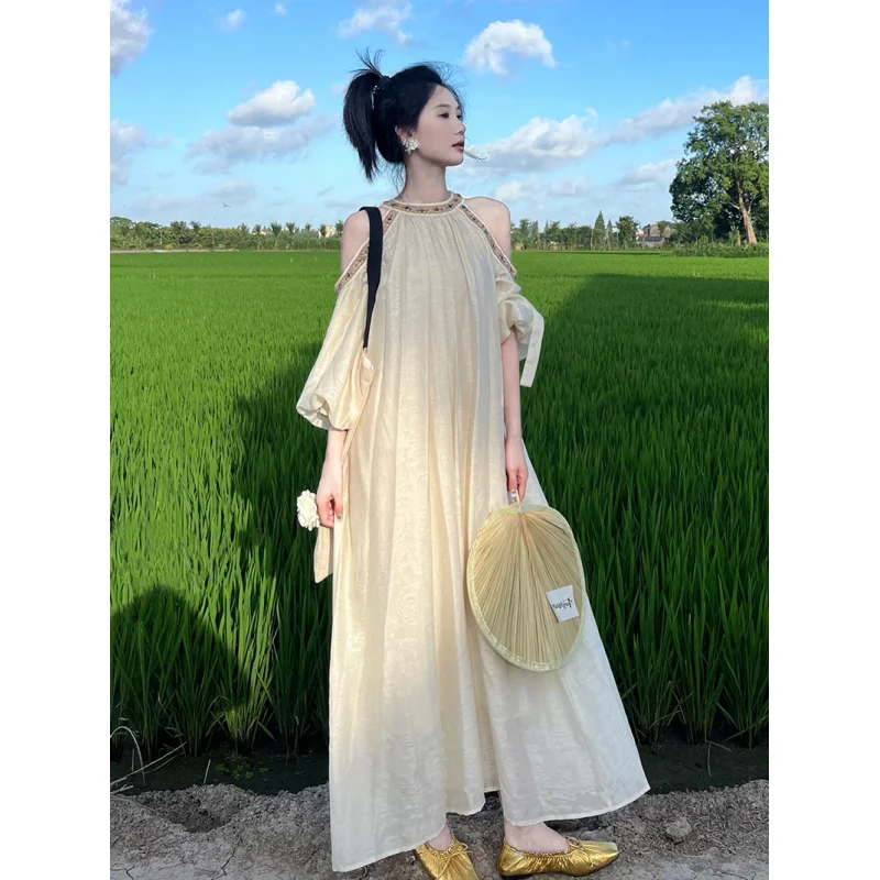 

Plus Size FatmmFrench Style Vacation Off-Shoulder Lace Dress for Women Spring New Loose Long DressALine skirt