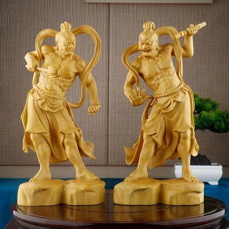 Natural Solid Wood Grand Marshal Marshals Hum Ha Two Will Door God Statue Hand-Carved Home Room Office Decor Figure Statue Suit