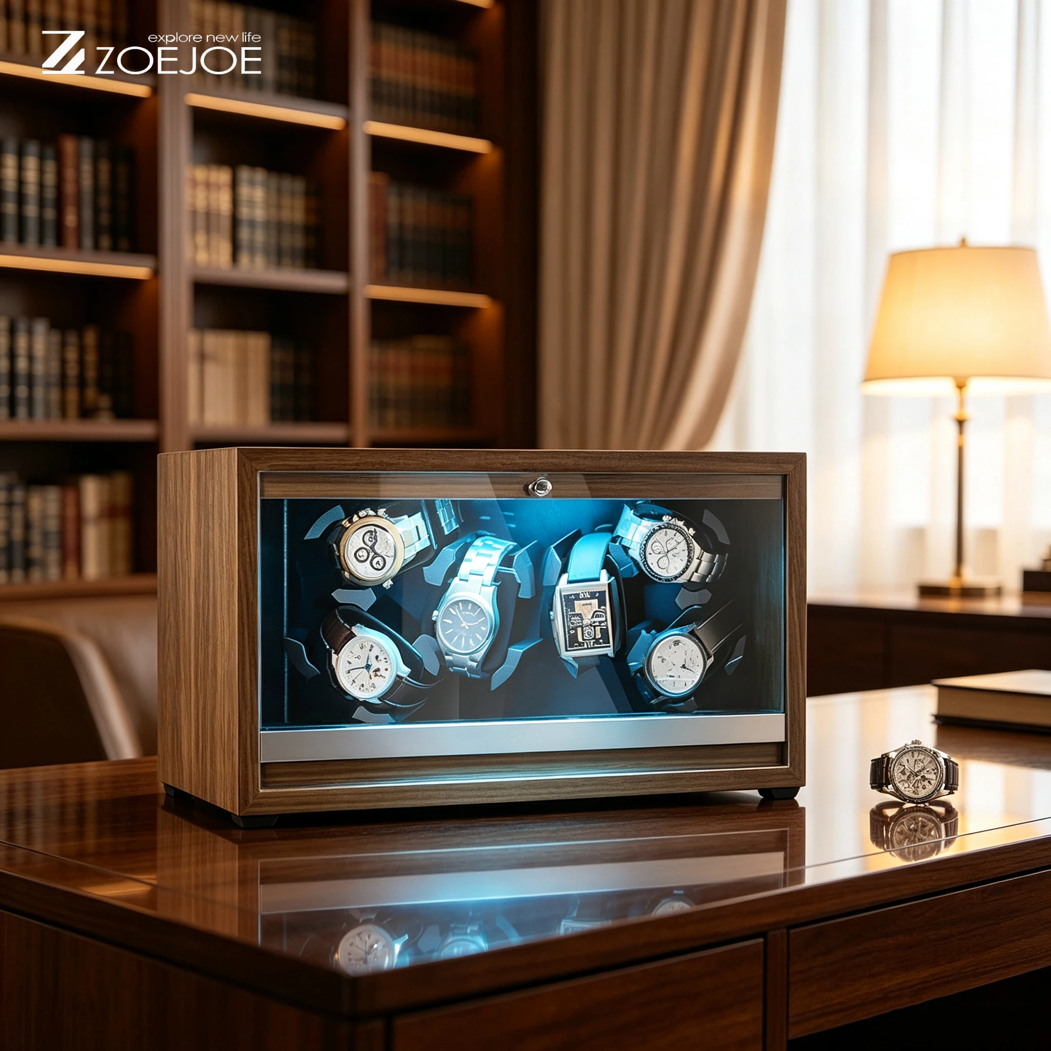 ZOEJOE Automatic Watch Winder With LED Light 6 Slots Quiet Motor Soft Adjustable Pillow PU Leaher USB Cable Watch Winders Gifts