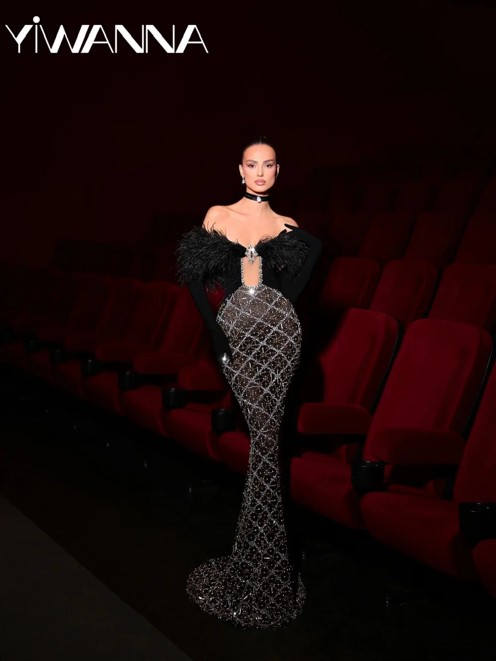 

Black Feathers Beaded Mermaid Evening Dress Without Gloves Captivating Off Shoulder Wedding Party Gown Customized Prom Dresses