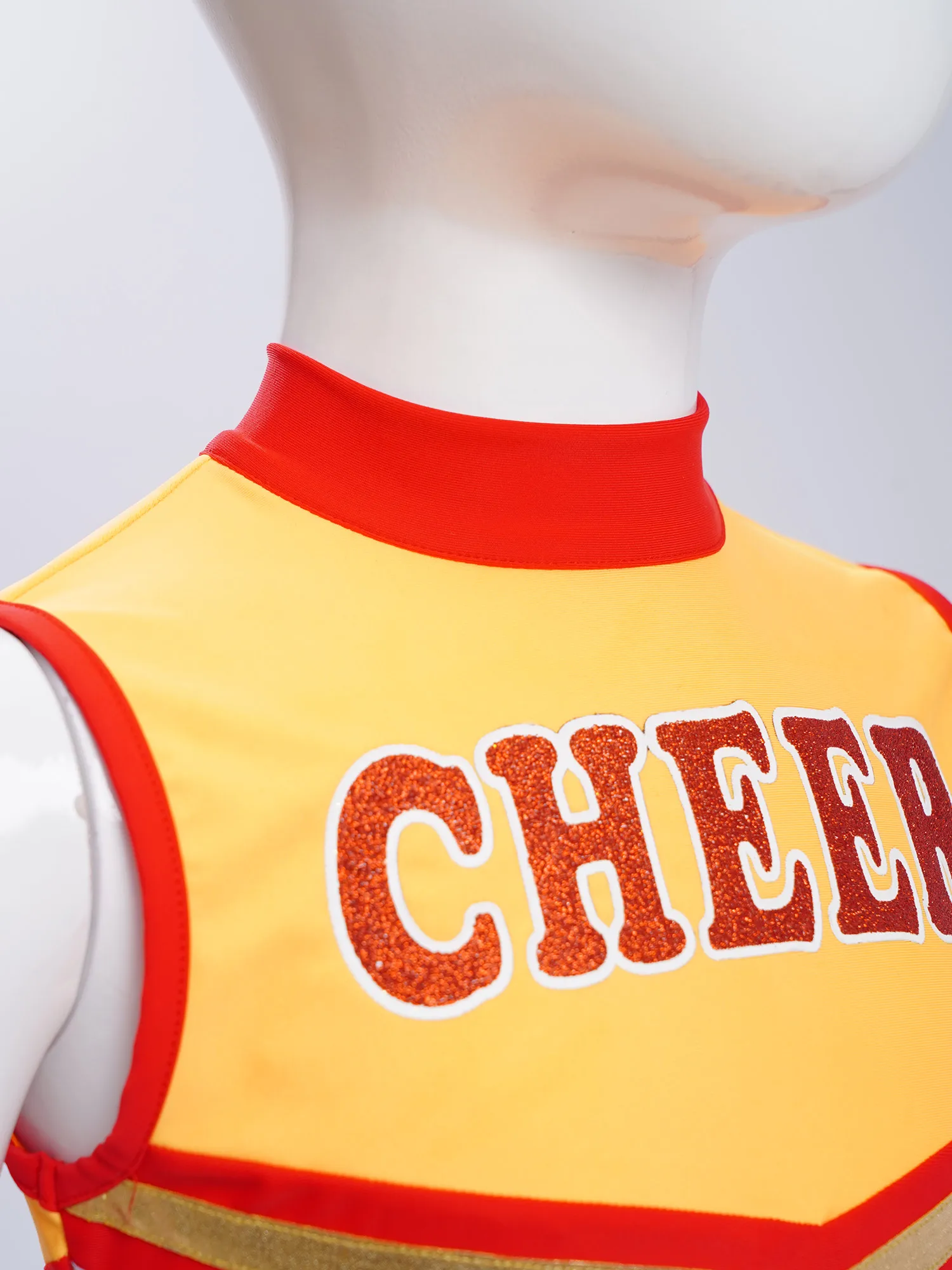 Cheerleading-Tanzkostüm für Kinder, Mädchen, 2-teilig, mit Buchstaben bedruckt, Farbblock, Schlüsselloch-Rücken, Tank-Crop-Top + Rock mit metallischem gestreiftem Saum