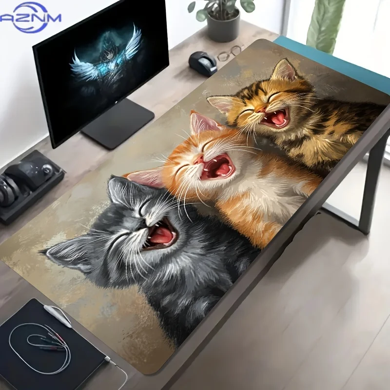 Funny Three Laughing Kitten Large Desk Mat, Anti-slip Rubber Mousepad for Gaming Room Office PC Keyboard Workstation Decor