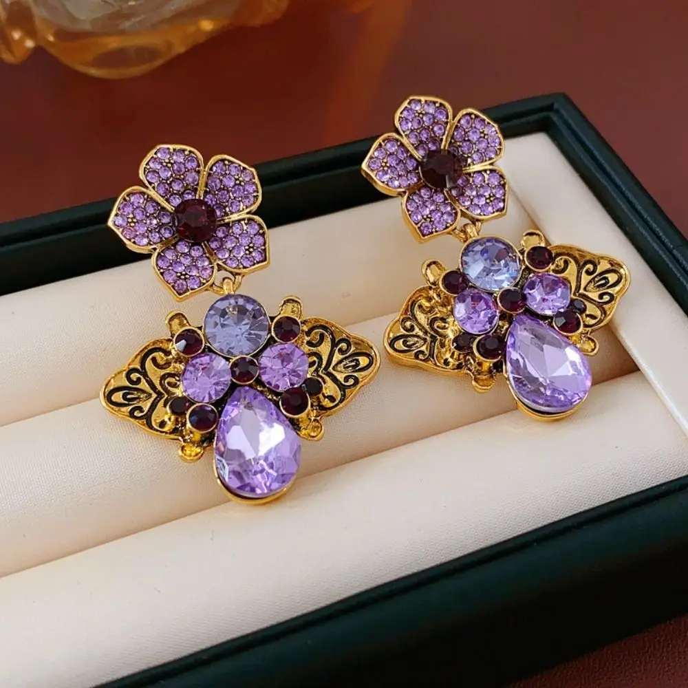 

Sweet Elegant Vintage Flower Earrings Exquisite Shining Rhinestone Drop Earrings Ear Jewelry Accessories Purple Earrings Women