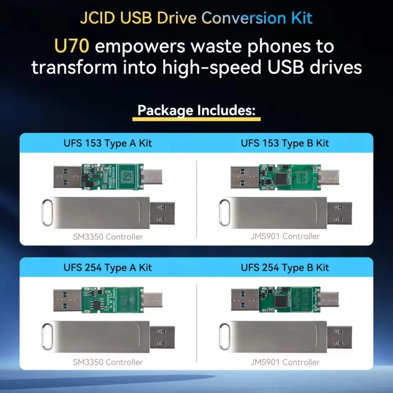 JCID USB Drive Conversion Kit U70 UFS 153/254 A/B Kit Empowers Waste Phones Totransform Into High-speed USB Drives SM3350 JMS901