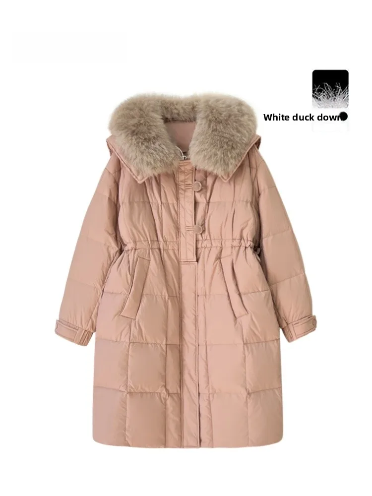 

Korean Sle Women's Mid-Length down Jaet with Real Fur Collar Thier Navy Collar Du down Outerwear Coat