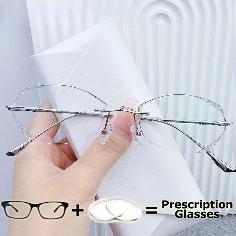 

KIZN Women Rimless Frame Clear Color Changing Lenses Prescription Blue Ray Shield Reading Glasses Titanium Myopia Optical Glasse