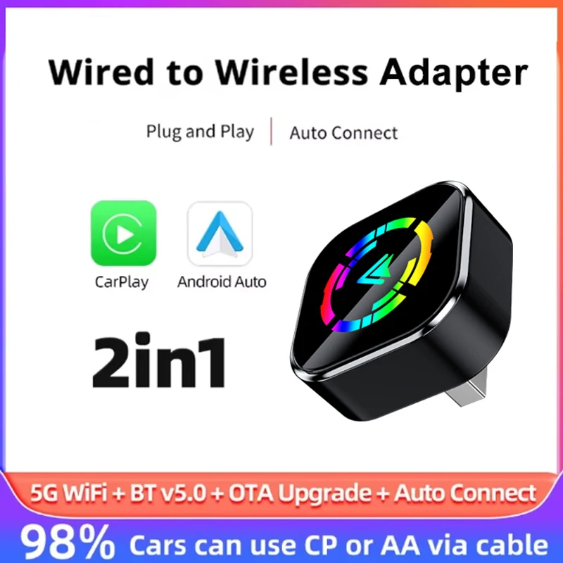 

Mini 2in1 Ai Box Wired to Wireless CarPlay&Android Auto Adapter WiFi Bluetooth Auto Connect Plug&Play For Wired Carplay Cars