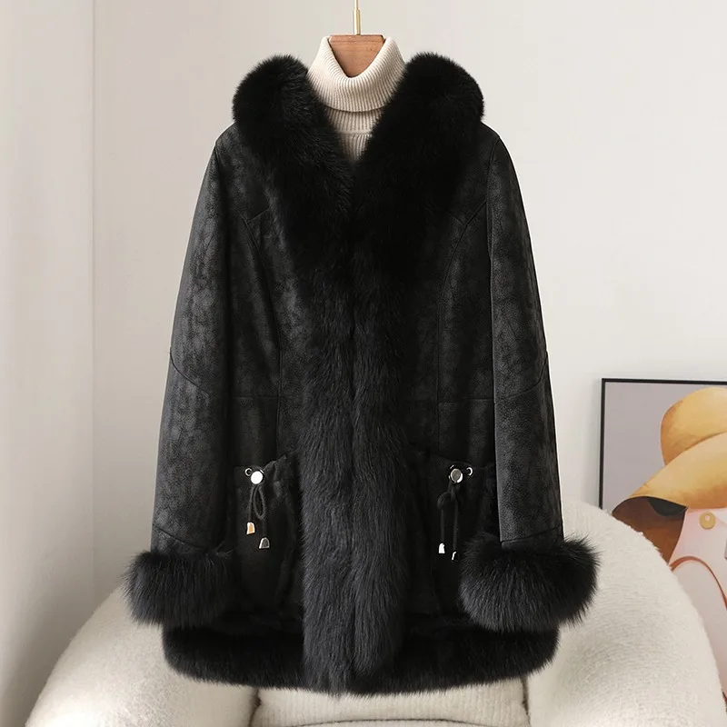 2024 Winter New Fox Fur Collar Mid-length Warm Fashion Coat Female Rabbit Fur Slim Luxury Jacket Parka JT455