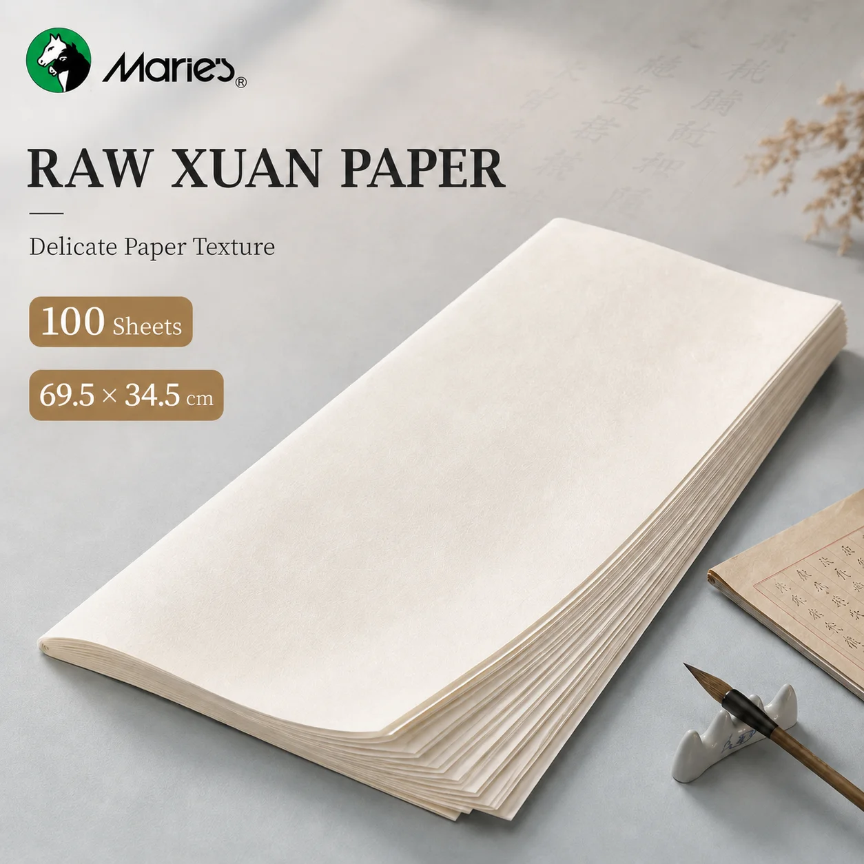 Marie's 100 Sheets 13.66x13.66in Raw Xuan Paper,Square Chinese Rice Paper for Chinese Painting,Watercolor,Calligraphy