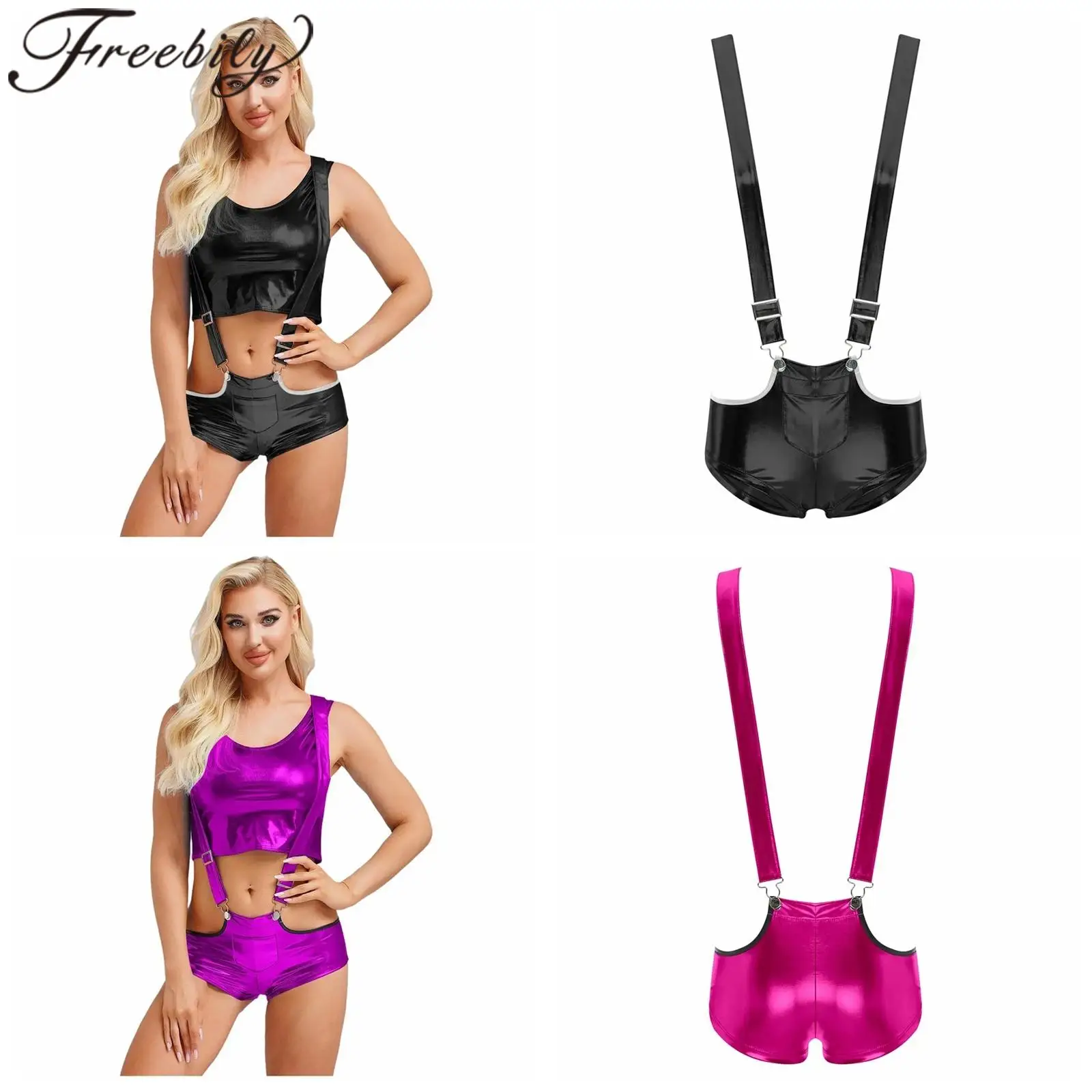 Women Shiny Metallic Mini Shorts Hot Pants Suspenders Shorts Fashion Lady Holographic Nightclub Rave Party Costume Club Wear