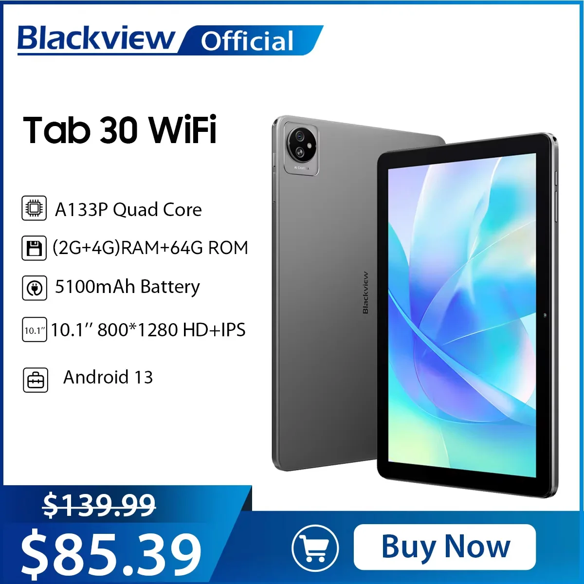 

Blackview Tab 30 WIFI Tablet PC 10.1'' 800*1280 HD+IPS Display, Android 13 2GB+64GB, 2.4G/ 5G WIFI 6 Tablet With Dual Speakers