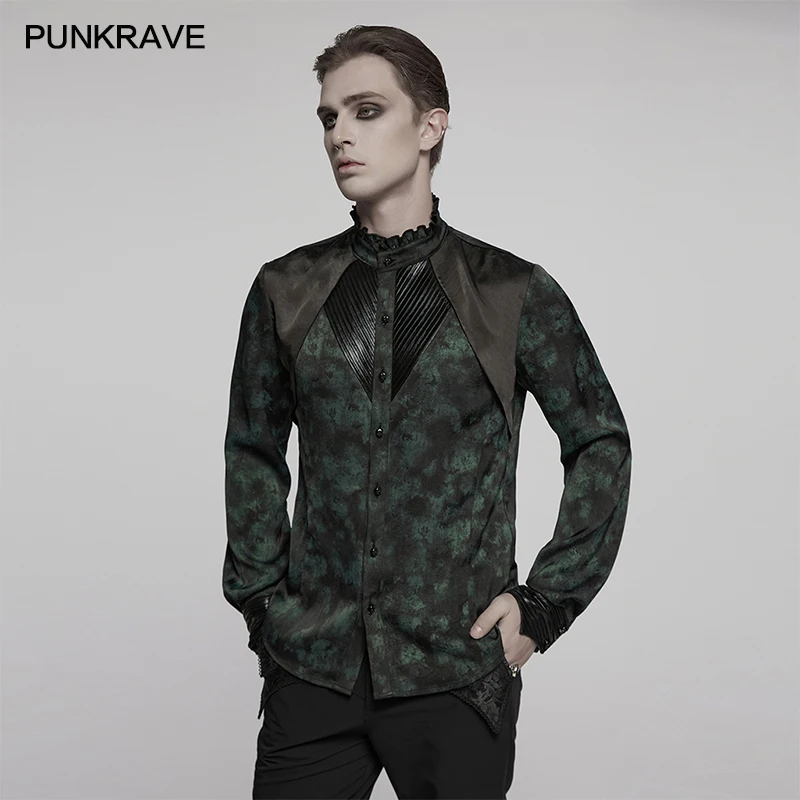 PUNK RAVE Men's Gothic Smooth Pleated Texture Woven Shirt Coldness Mystery Double-layer Shoulder Design Party Club Tops 3 Colors