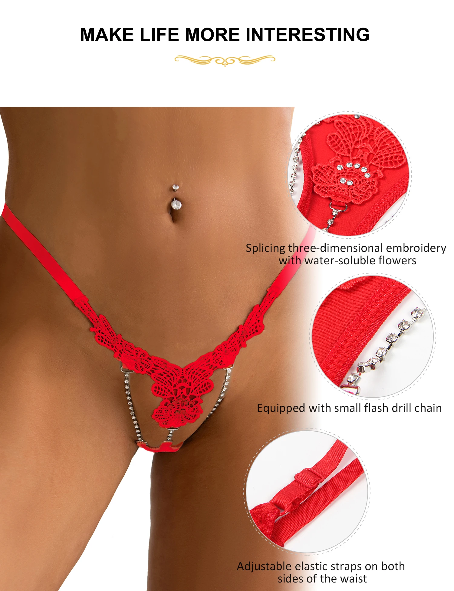 Comeondear Sexy Panty Women Mini Red Thongs Sex Erotic High Elastic Female Underwear Diamonds Hollow G-strings See Through Brief